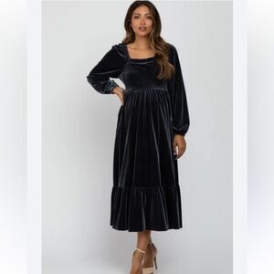 Black Velvet Midi Dress with Long Sleeves